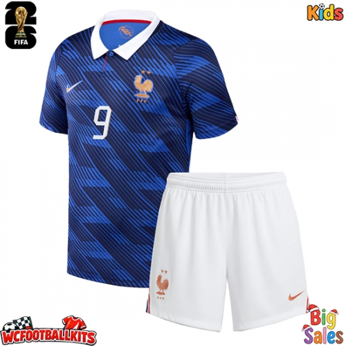 France Marcus Thuram #9 Replica Home Stadium Kit for Kids World Cup 2026 Short Sleeve (+ pants)